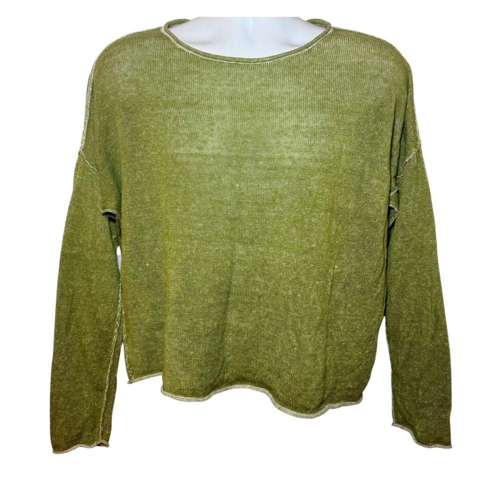 Eileen Fisher Organic Linen Boxy Knit Sweater Green Womens Medium Oversized